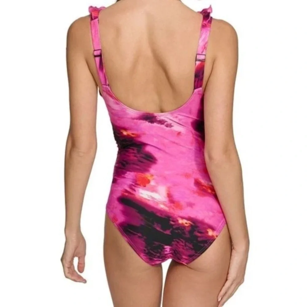 DKNY Ruffle Plunge Tummy Control 1 Piece Swimsuit Womens XL Fushia/BlacK NWT - Picture 5 of 13